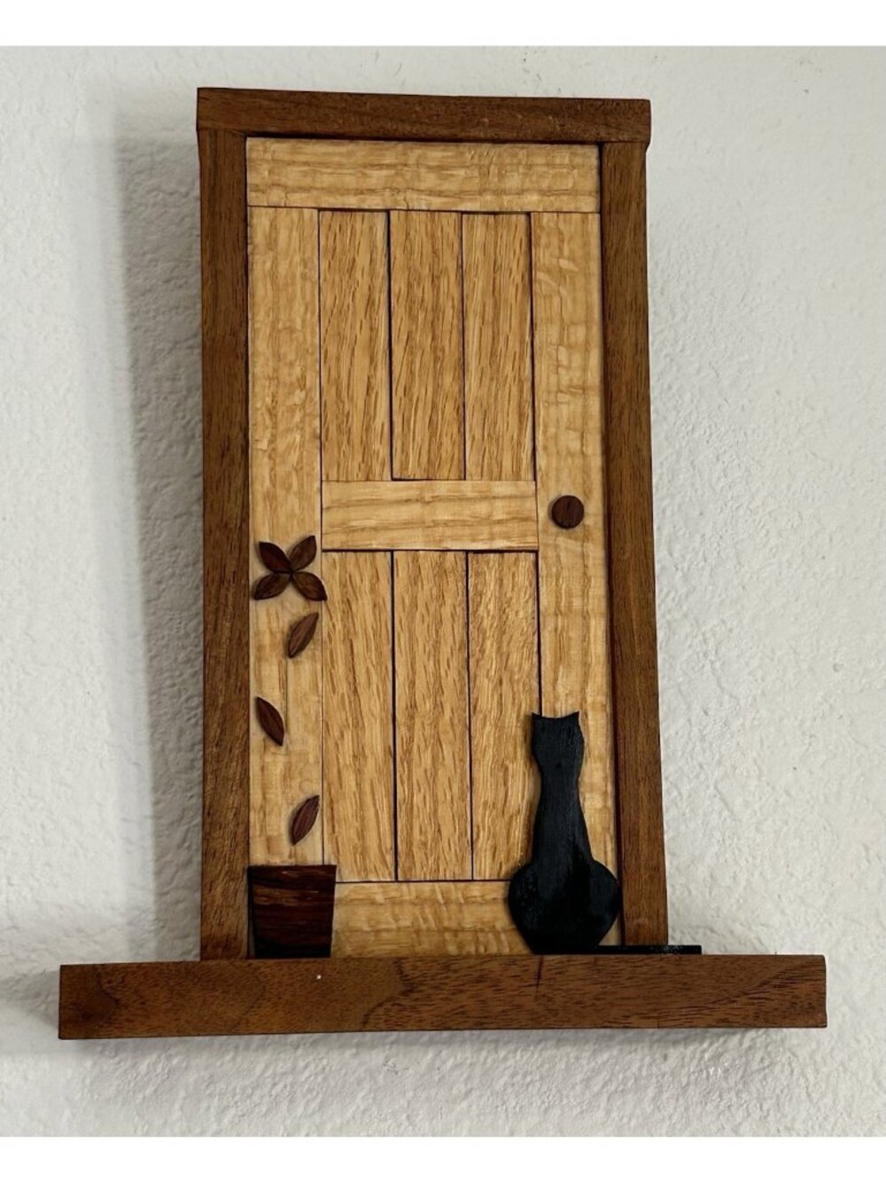 Vtg Handmade Wood Door w/ Cat & Plant Silhouette Tabletop Decor Wall Art Signed